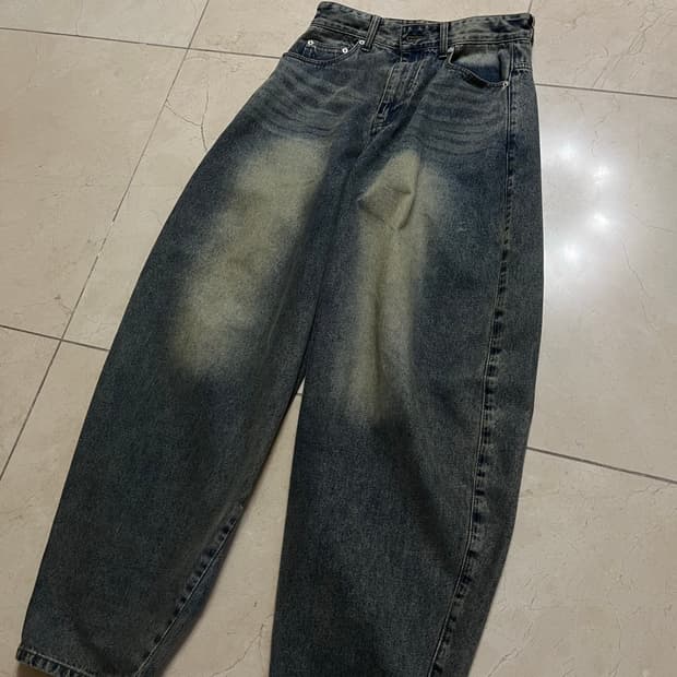 워싱 데님 벌룬 팬츠 (배기진 , 커브드핏 팬츠)