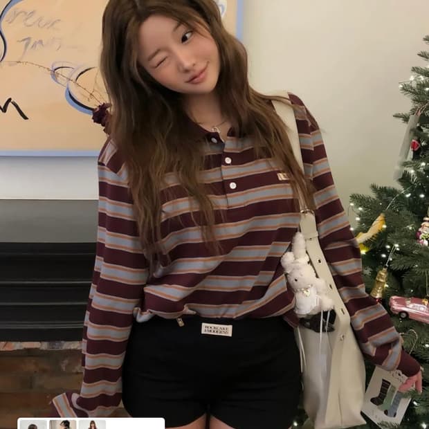 락케이크 Striped Polo T-shirt wine색