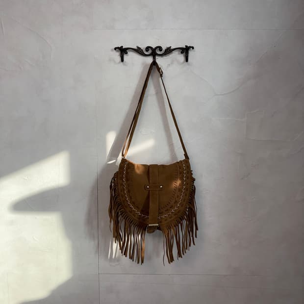Camel western suede fringe cross bag 