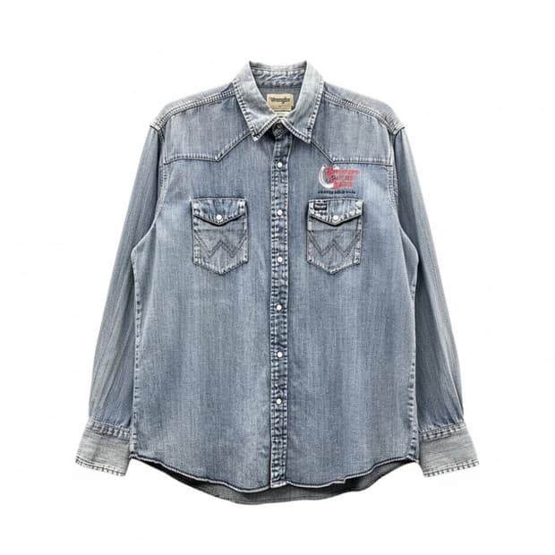 랭글러 웨스턴 데님 셔츠 투포켓 레터링 디테일 중청