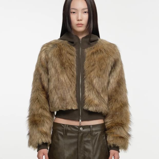 Nache hoodie crop fur jacket khaki brown