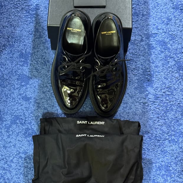 생로랑 블랙 페이턴트 남성 테디 더비 42.5