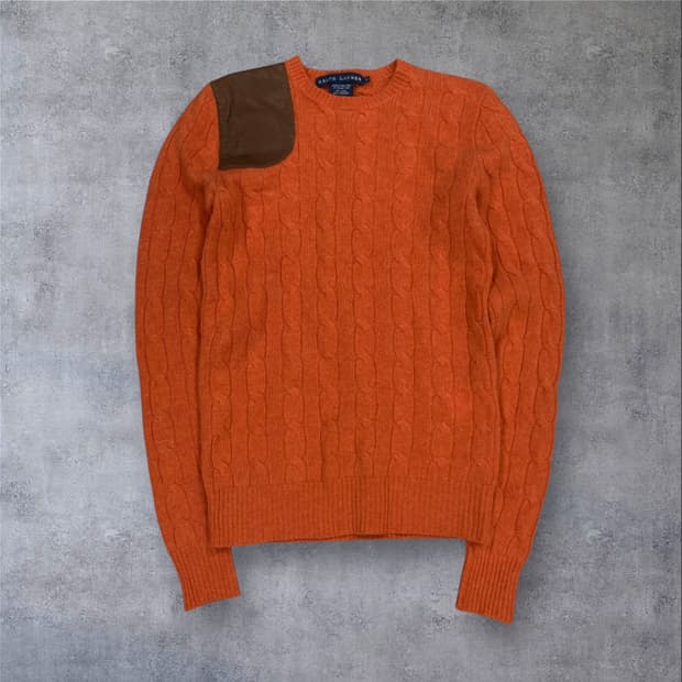 랄프로렌 오렌지 컬러 레더 숄더 패치 꽈배기 니트