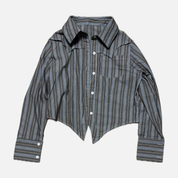 스트라이프 컷팅 디테일 크롭 셔츠