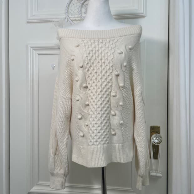 ivory off-shoulder wool pompom sweater