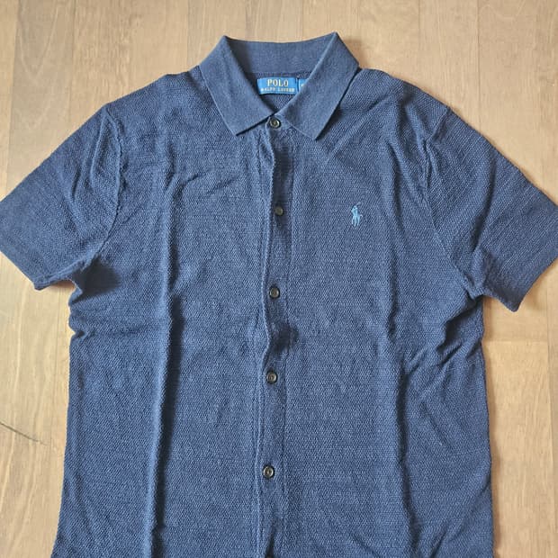 폴로 텍스처 코튼 리넨 셔츠 스웨터 판매합니다(네이비색상)