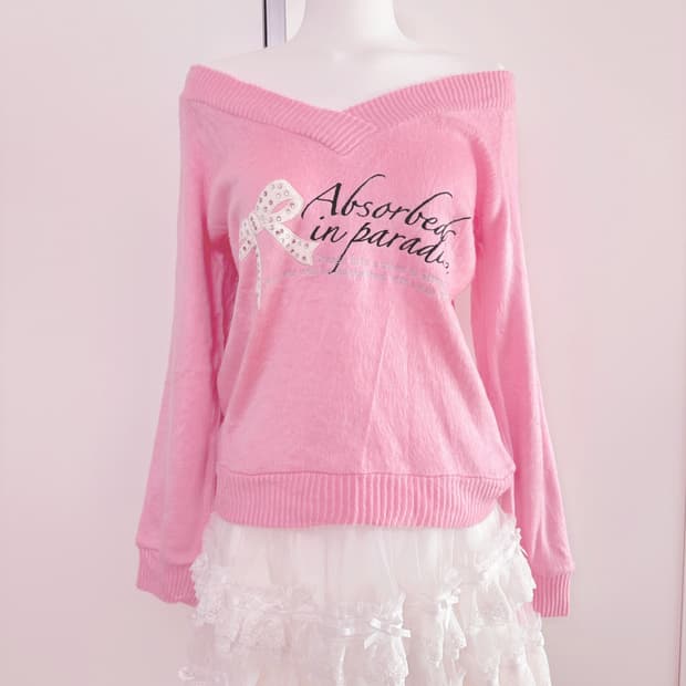 히메갸루 리즈리사 시허니 일브 백리본 오프숄더니트 