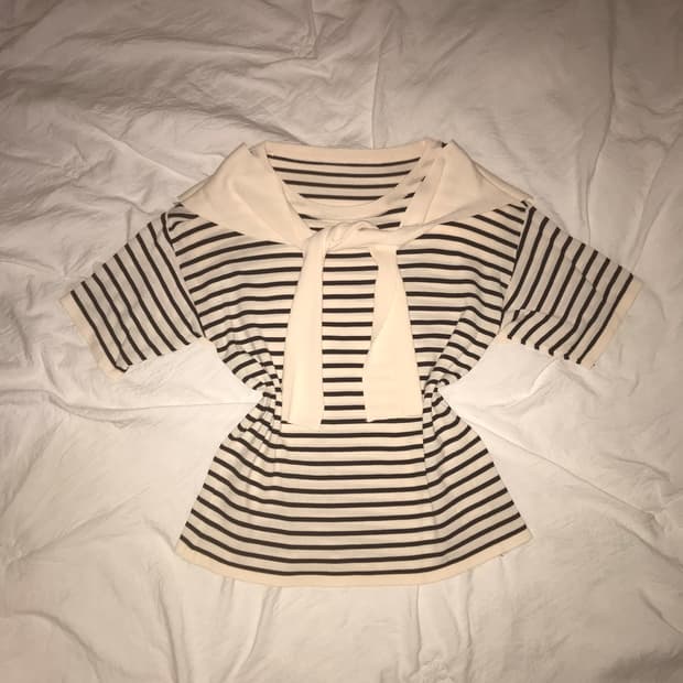 스트라이프 어깨 숄 반팔 니트 