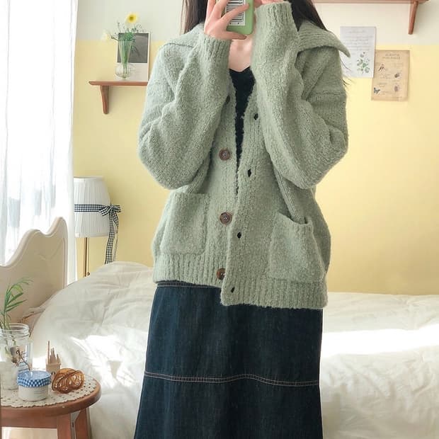 피스타치오 그린 울 카라 가디건