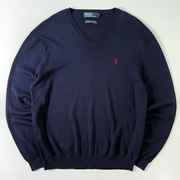 Polo  폴로 랄프로렌 자수 피마코튼 네이비 브이넥 니트