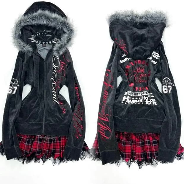 빈티지 펑크 와투케 나나깔 미사깔 울프죠 퍼후드집업