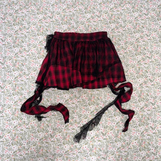 펑크 레드체크 레이스 미니스커트