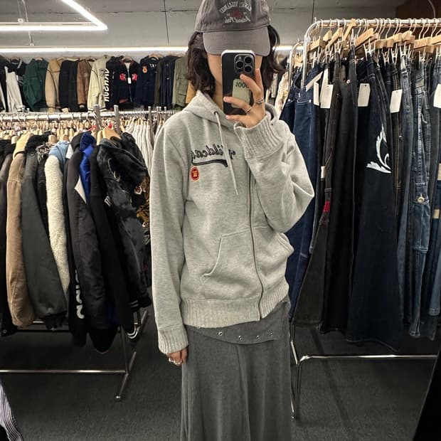 L)Japanese vintage 여성 패치 디테일 그레이 후드집업