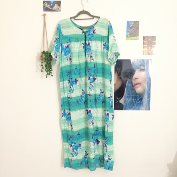 하구미 청록색 여름용 반팔 롱원피스