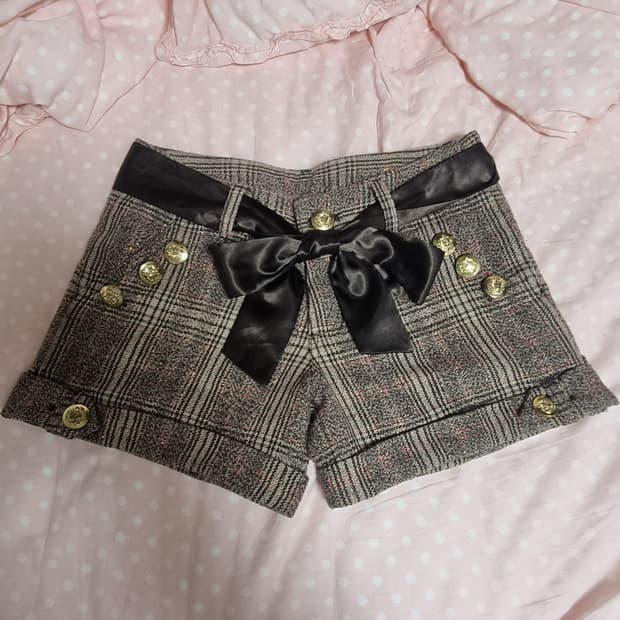 일본빈티지 체크 딸기초코맛 단추 리본 팬츠 라떼갸루 엑시즈팜 리즈리사