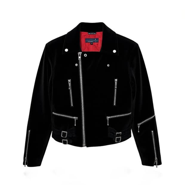 SUGGESTION 서제션 벨벳 라이더 자켓 맥시멈 지퍼 디테일 블랙