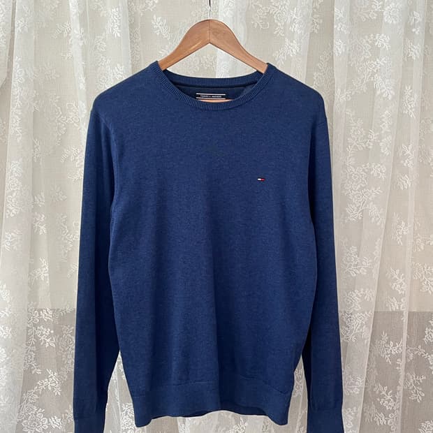 M) 타미힐피거 코튼 라운드넥 니트 블루