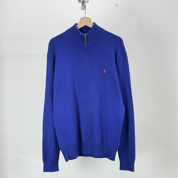 폴로 랄프로렌 로얄 블루 하프 코튼 집업 니트 스웨터