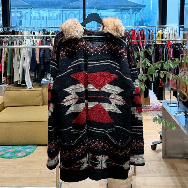 폴로 랄프로렌 블랙 핸드니트 아즈텍 울 가디건 