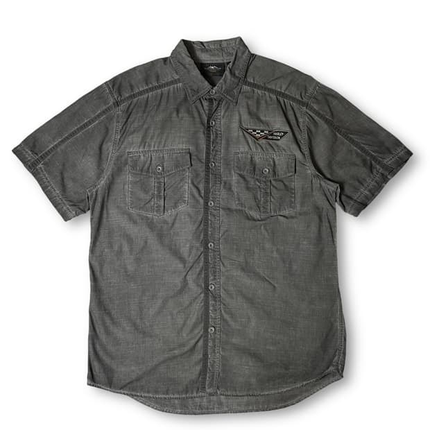 할리데이비슨 그레이 코튼 투포켓 자수 패치 반팔 셔츠 L