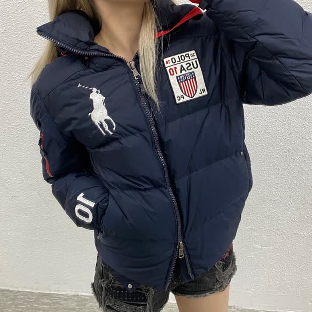 폴로 랄프로렌 빅포니 usa 레드배색 블랙 후드패딩 L
