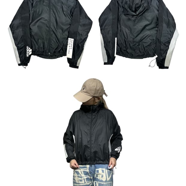 아디다스 블랙 화이트 로고 후드 바람막이 자켓 S