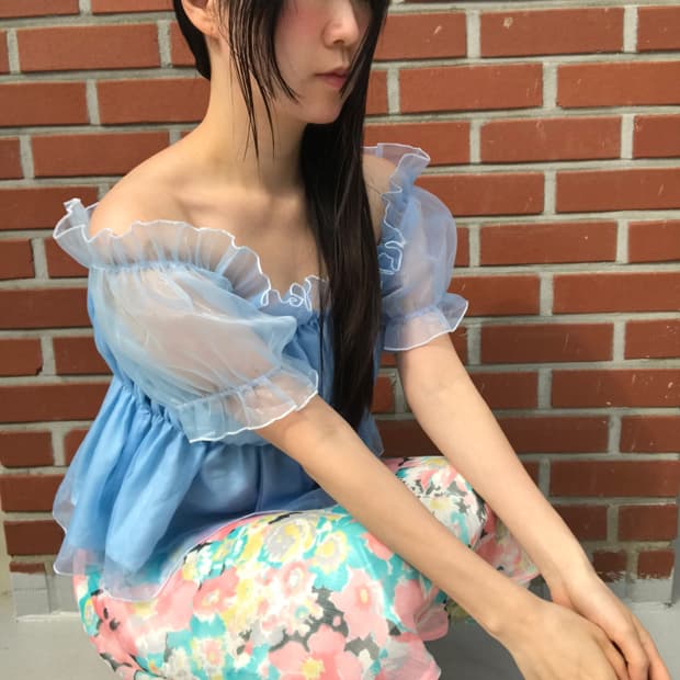vintage sky blue off-shoulder top