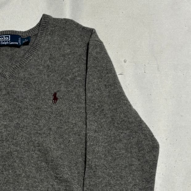M 폴로랄프로렌 버건디 포니 램스울 그레이 브이넥 니트