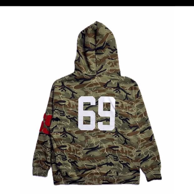 빈티지  y2k 밀러터리 오버핏 69 레터링 카모 후드집업