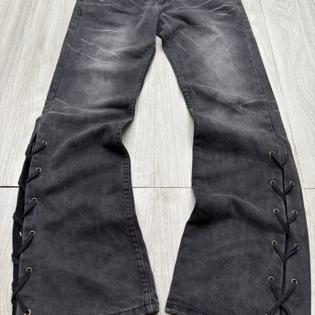 KUI distressed splatter flare jeans