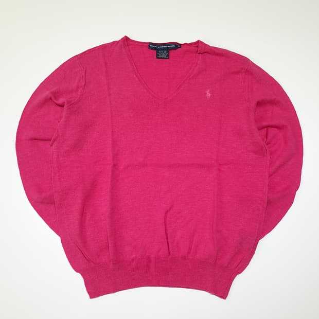 CL416 XL 폴로 90s 코튼린넨 브이넥 핑크포니 니트 스웨터
