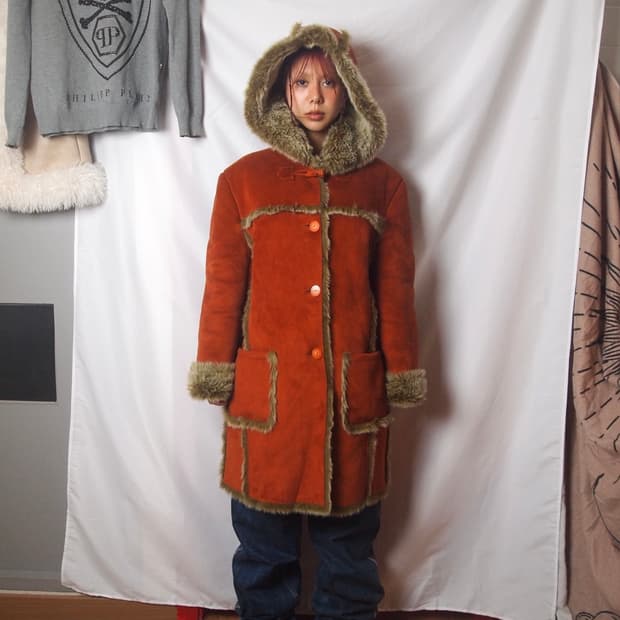 빈티지 스웨이드 퍼 트리밍 후드 자켓