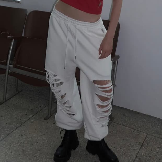 Rense Damage Sweat Pants White