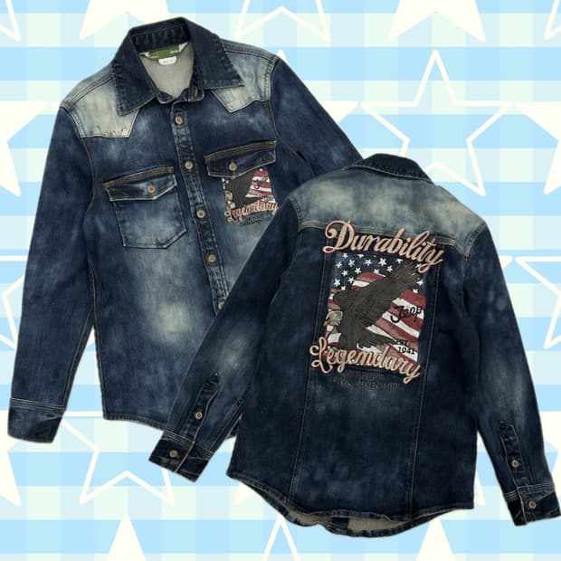 Jeep 빈티지 워싱 데님 청셔츠 남방 레터링 프린팅  보헤미안 