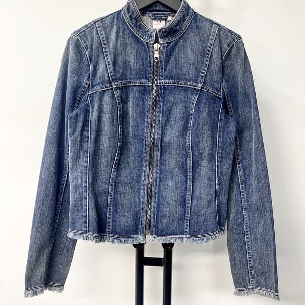 아르마니 익스체인지 컷 오프 데님 바이커 자켓