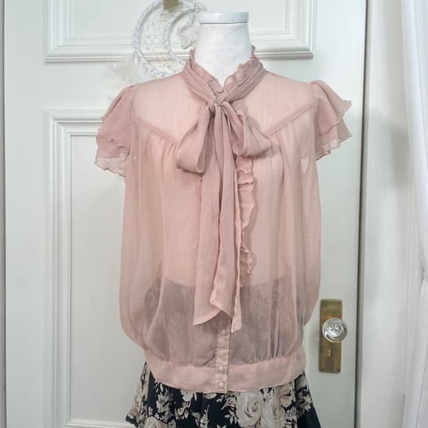 indi pink bow point ruffle summer blouse