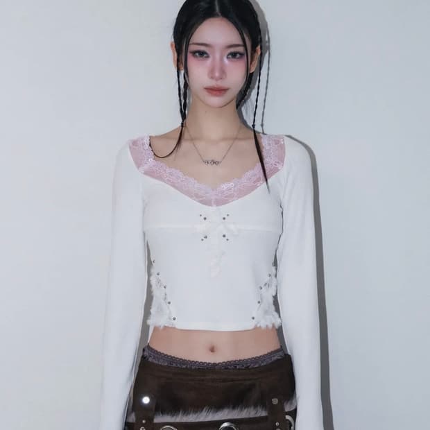 체리퀴리 cross patch lace sleeve - ivory