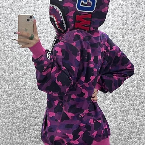 베이프 AAPE 스트릿 펑크 퍼플카모 샤크 후드집업 L C13092