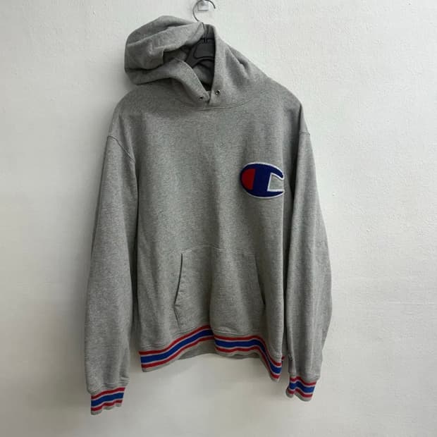 챔피온 올드스쿨 배색 부클패치 그레이 후드티 XL