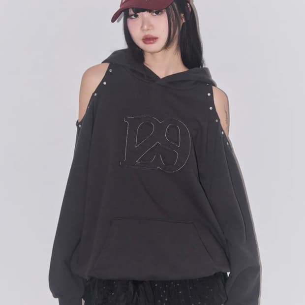 일리고 129 컷아웃 오버핏 후드티 차콜