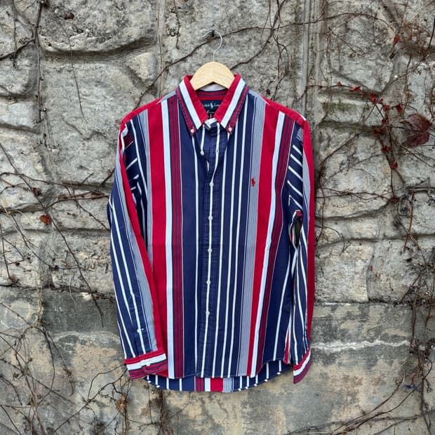 폴로 랄프로렌 빈티지 네이비 레드 스트라이프 포인트 셔츠 m