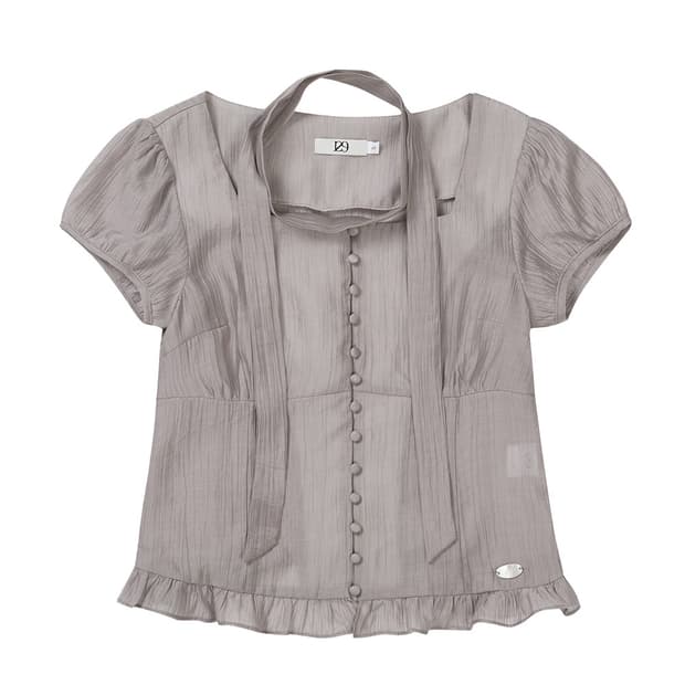 일리고 리본 타이 스퀘어넥 블라우스 그레이