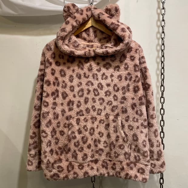 gu 지유 레오파드 곰돌이 핑크 뽀글이 후드티