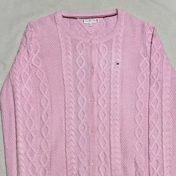 176 타미힐피거 여성용 핑크 케이블 가디건