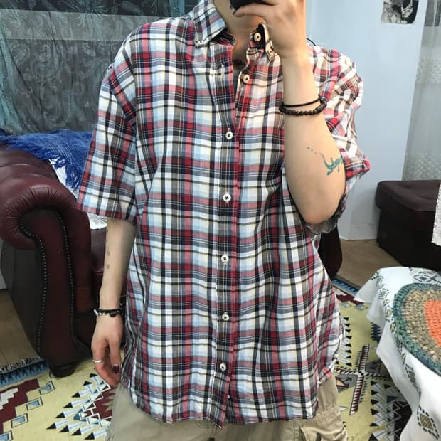 LANZI 빈티지 체크 반팔 셔츠 (Z1149)