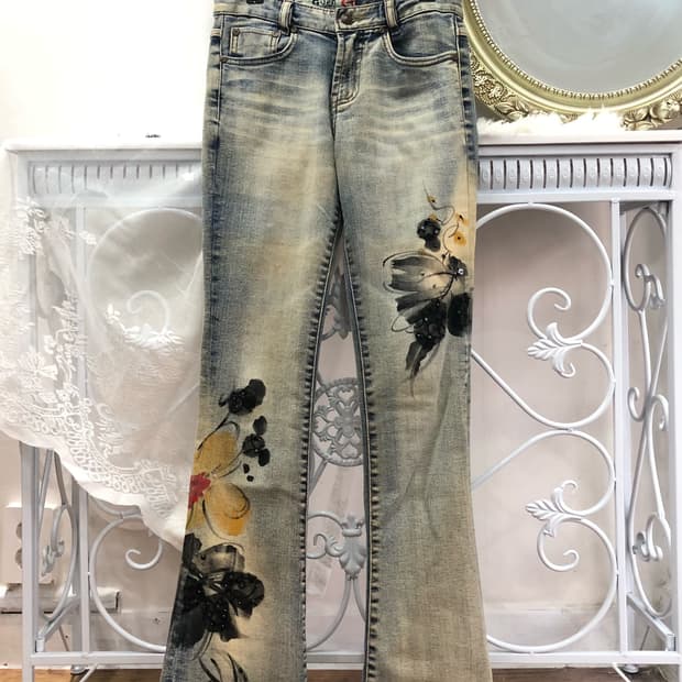 oriental drawing denim bootcut pants