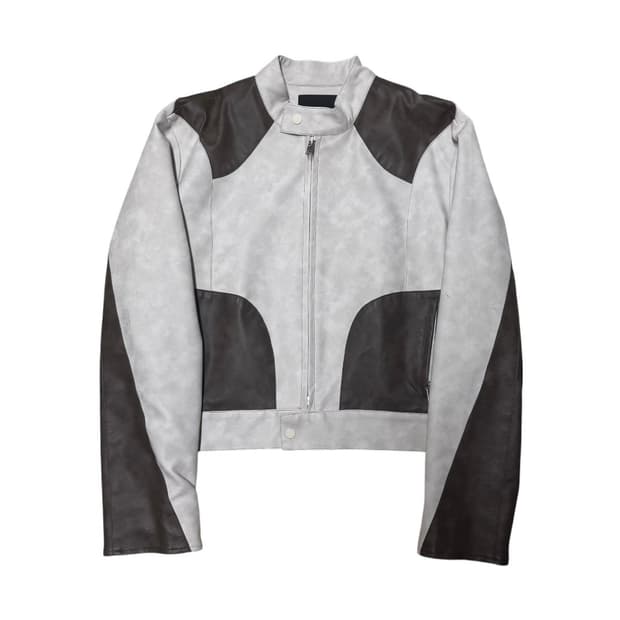 베이지 크롭 트레져 레이싱 레더자켓