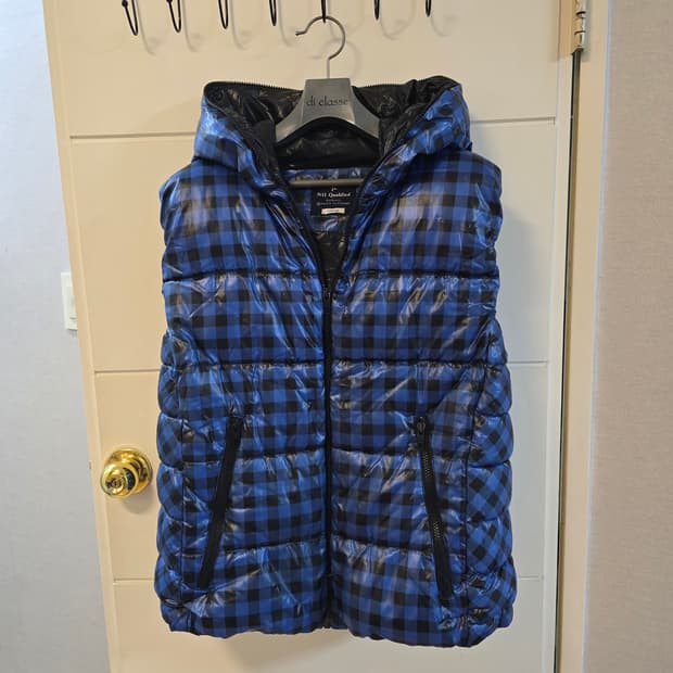 NII Qualified 블루 체크 후드 패딩 조끼 XL