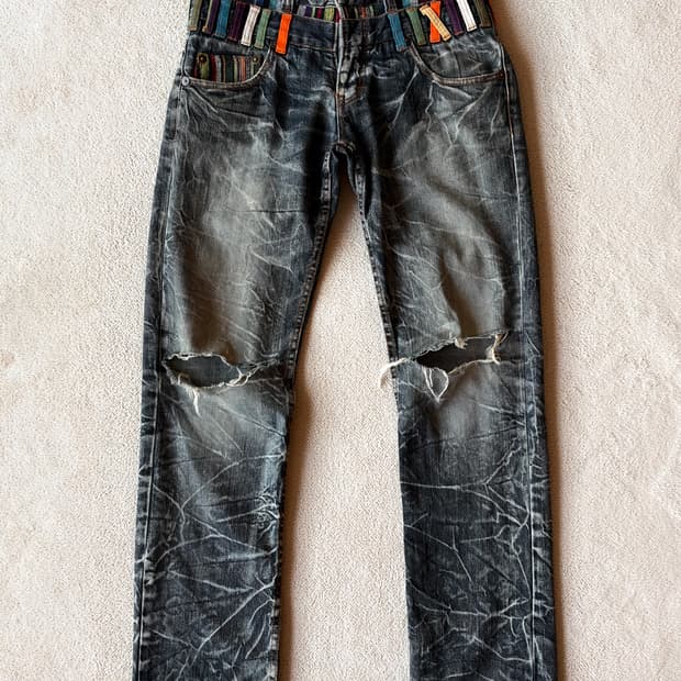 NYLAUS 더블 웨이스트 아플리케 디스트로이드 팬츠