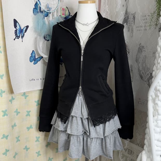 블랙 레이스 투웨이 집업 자켓